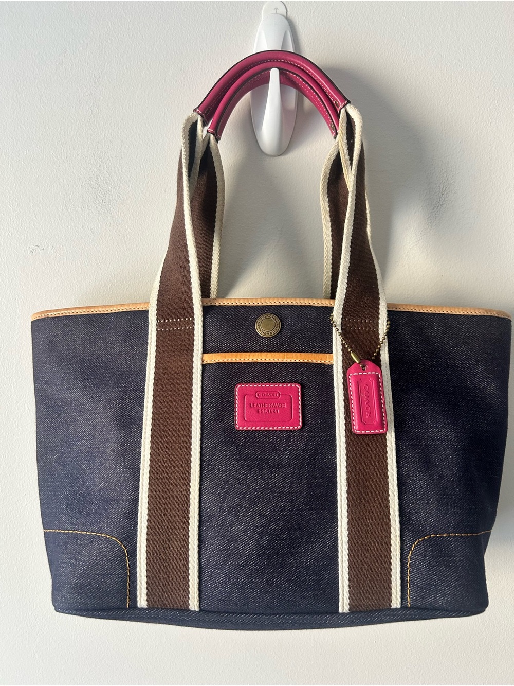 Coach Y2K 2004 Hampton Denim Tote with Brown Straps and Pink Trim